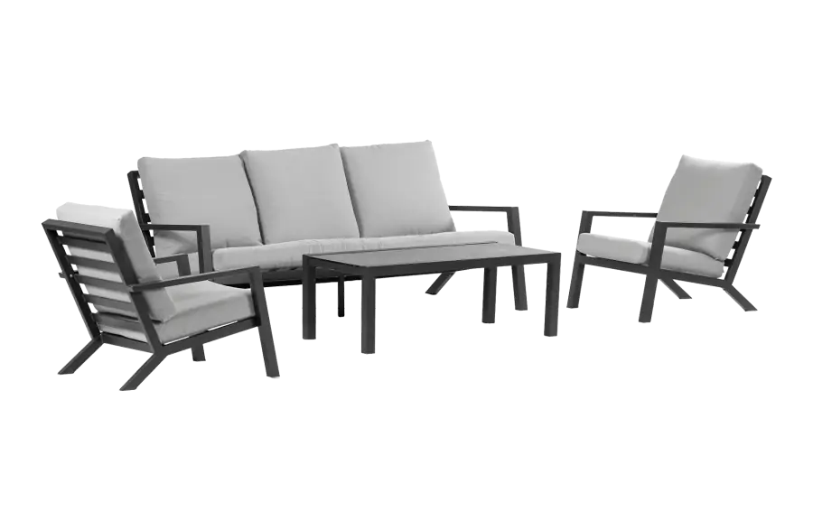 Sessel-Sofa Lounge-Set Bezano | 3-Sitzer | Mattschwarz / Creme | Aluminium