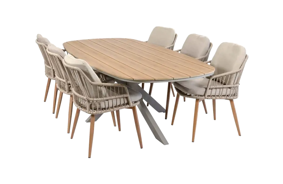 7-teiliges Garten-Set | 6 Isabel Gartenstühle (Sand) | Cadiz Gartentisch 240 x 115 cm (Camel)