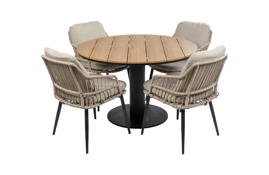 Isabel-Sand-Tower-tuintafel-rond-5delig-modern-stevig-4-seizoenen-tuinmeubelen
