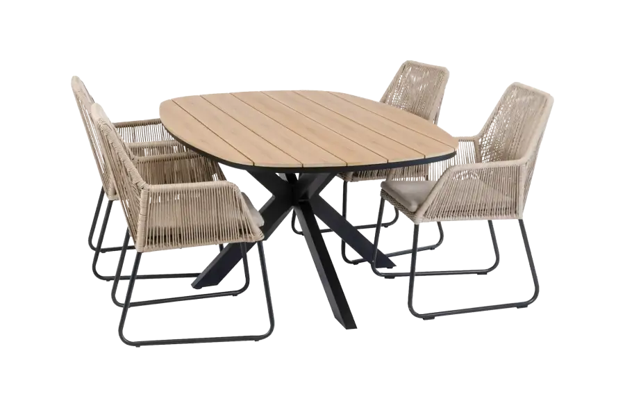 5-teiliges Garten-Set | 4 Mona Gartenstühle (Sand) | Cadiz Gartentisch 180 x 115 cm (Schwarz)