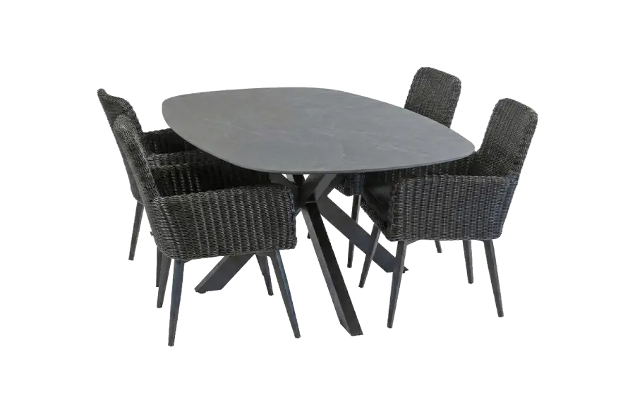 5-teiliges Gartenmöbel-Set | 4 Pisa Gartenstühle (Black) | Gartentisch Barletta 180x115 cm (Black/Desert Pearl)