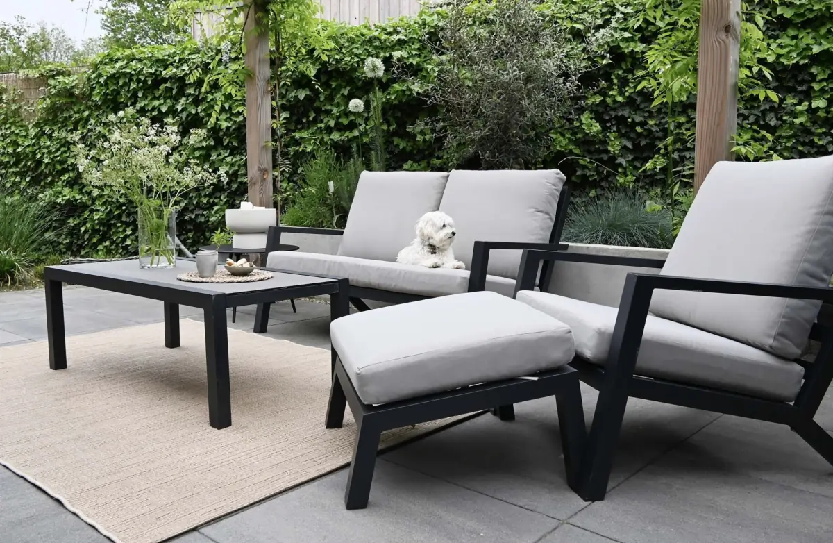 Sessel-Sofa Lounge-Set Bezano | 3-Sitzer | Mattschwarz / Creme | Aluminium