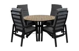 Rundes 5-teiliges Garten-Set | 4 Berlin Gartenstühle (Schwarz) | Gartentisch Limasol ø 120 cm ( Holz)
