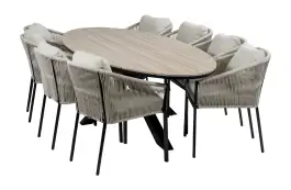 9-teiliges Garten-Set | 8 Elvira Gartenstühle (Schwarz) | 280 cm ovaler Limasol-Gartentisch (Wood)